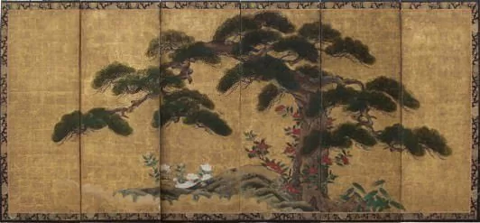Paravent japonais à décor de pin sur fond or. XVIIIe siècle