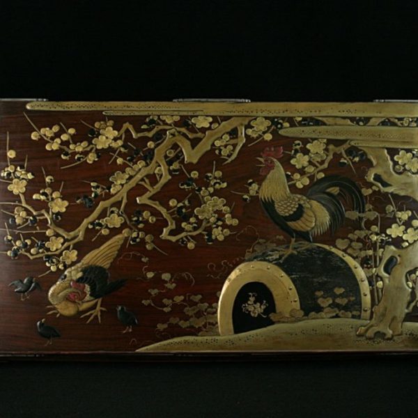 Wooden picture with gold decoration of plum tree and rooster