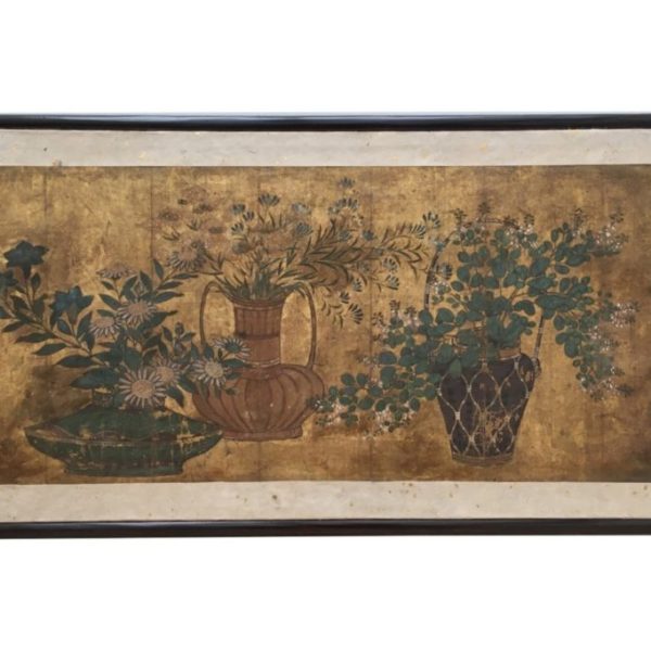 Polychrome painting on gold paper decorated with flowery vases and branches. Modern lacquered frame.