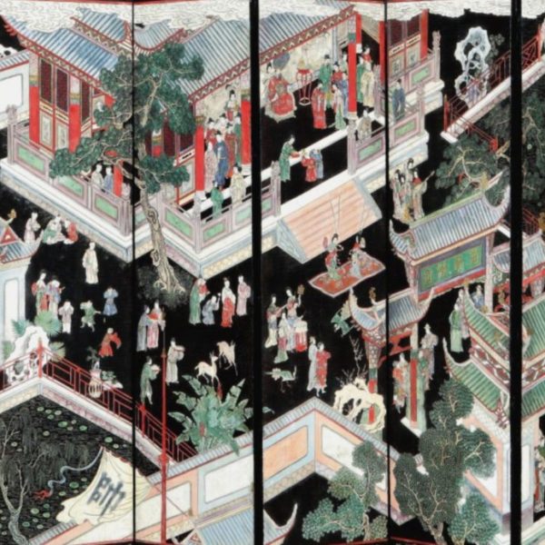 Large screen in Coromandel lacquer 12f - "Palace seen from a bird's eye view"